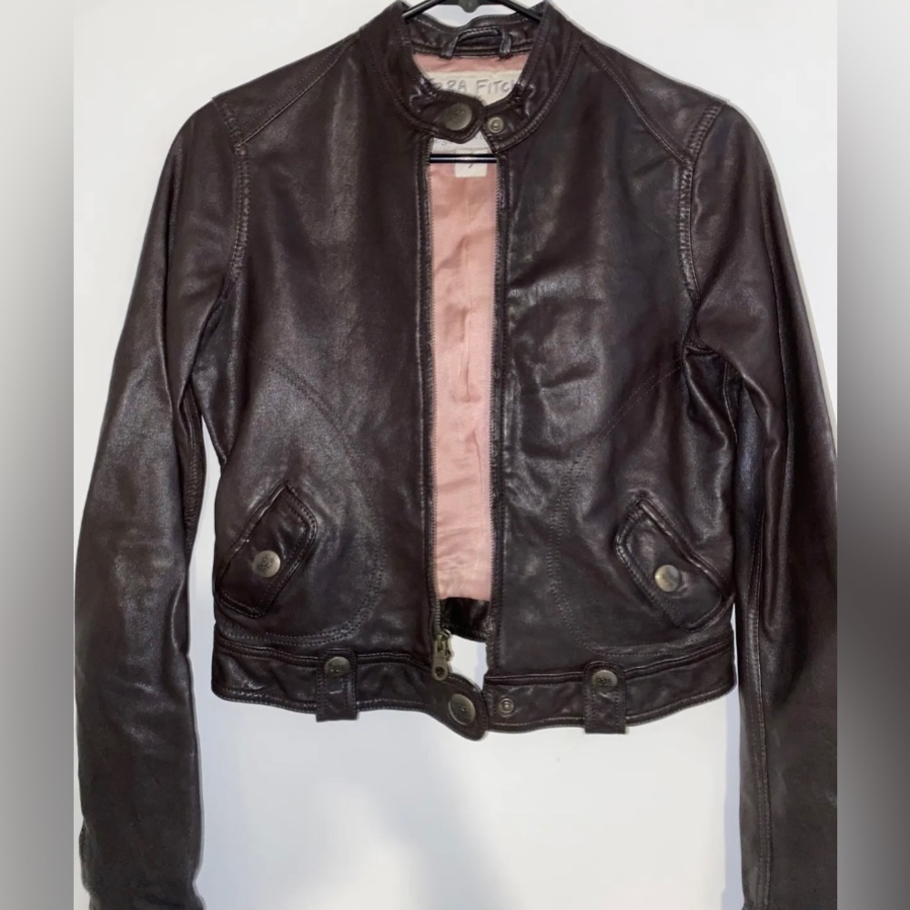Abercrombie Ezra Fitch women's Brown Leather Moto Jacket sz S EUC Runs as XS